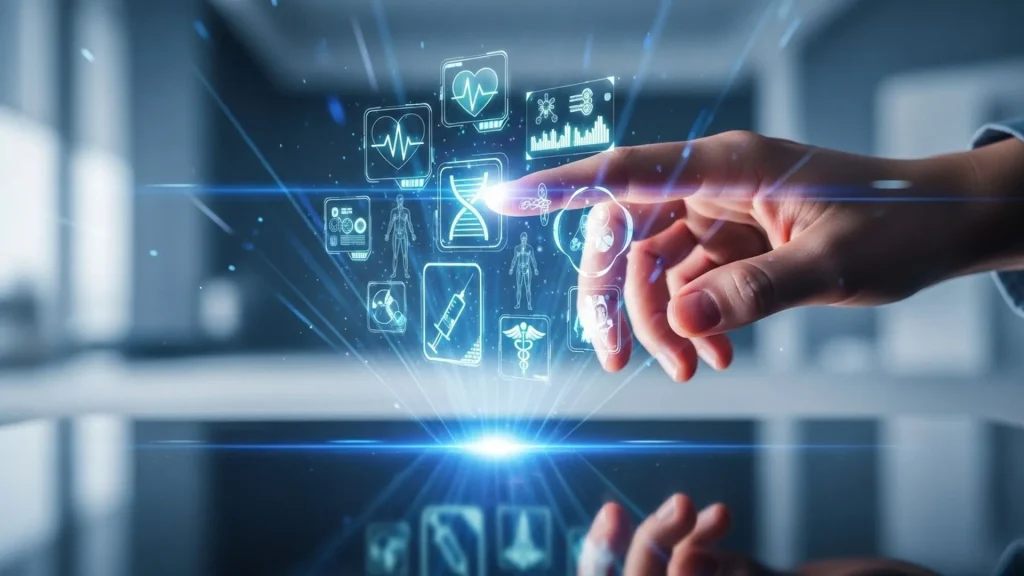 Una mano interagisce con un’interfaccia digitale olografica